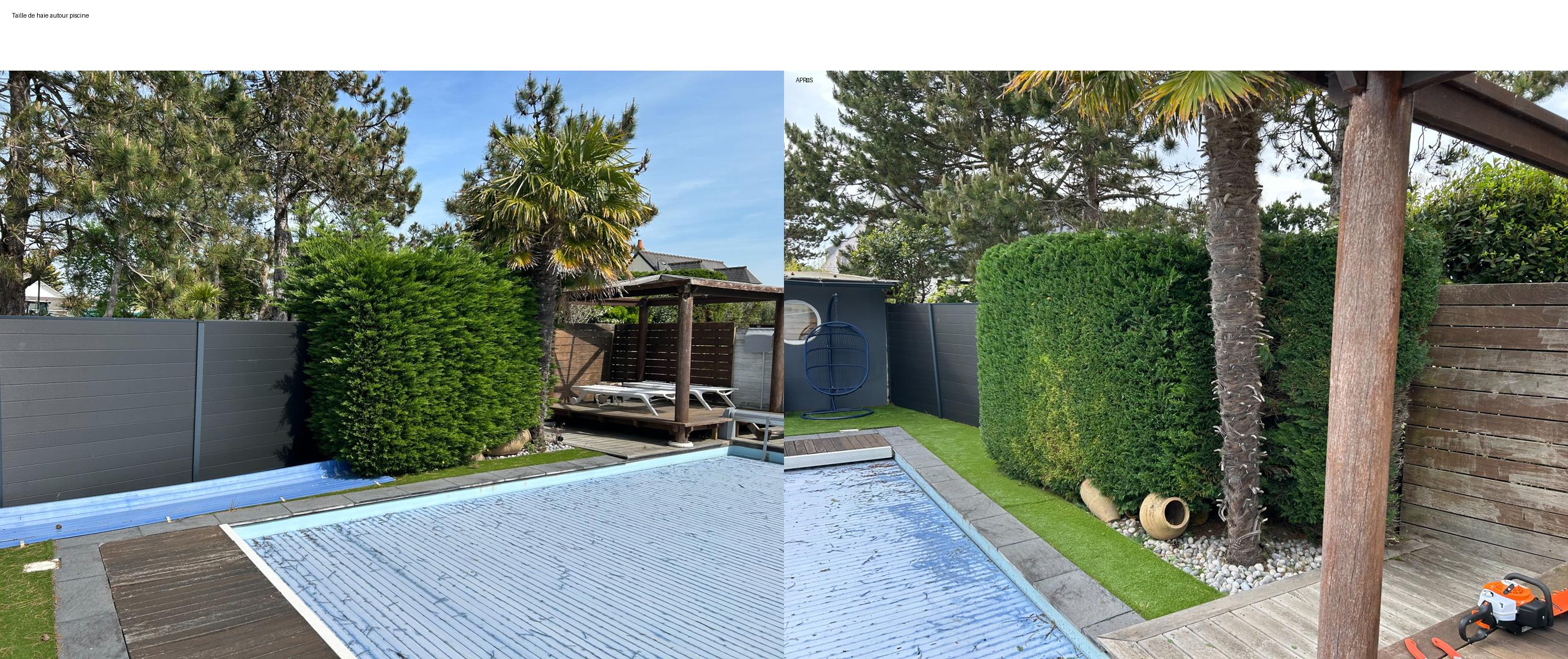 Taille de haie autour d'une piscine — avant / après