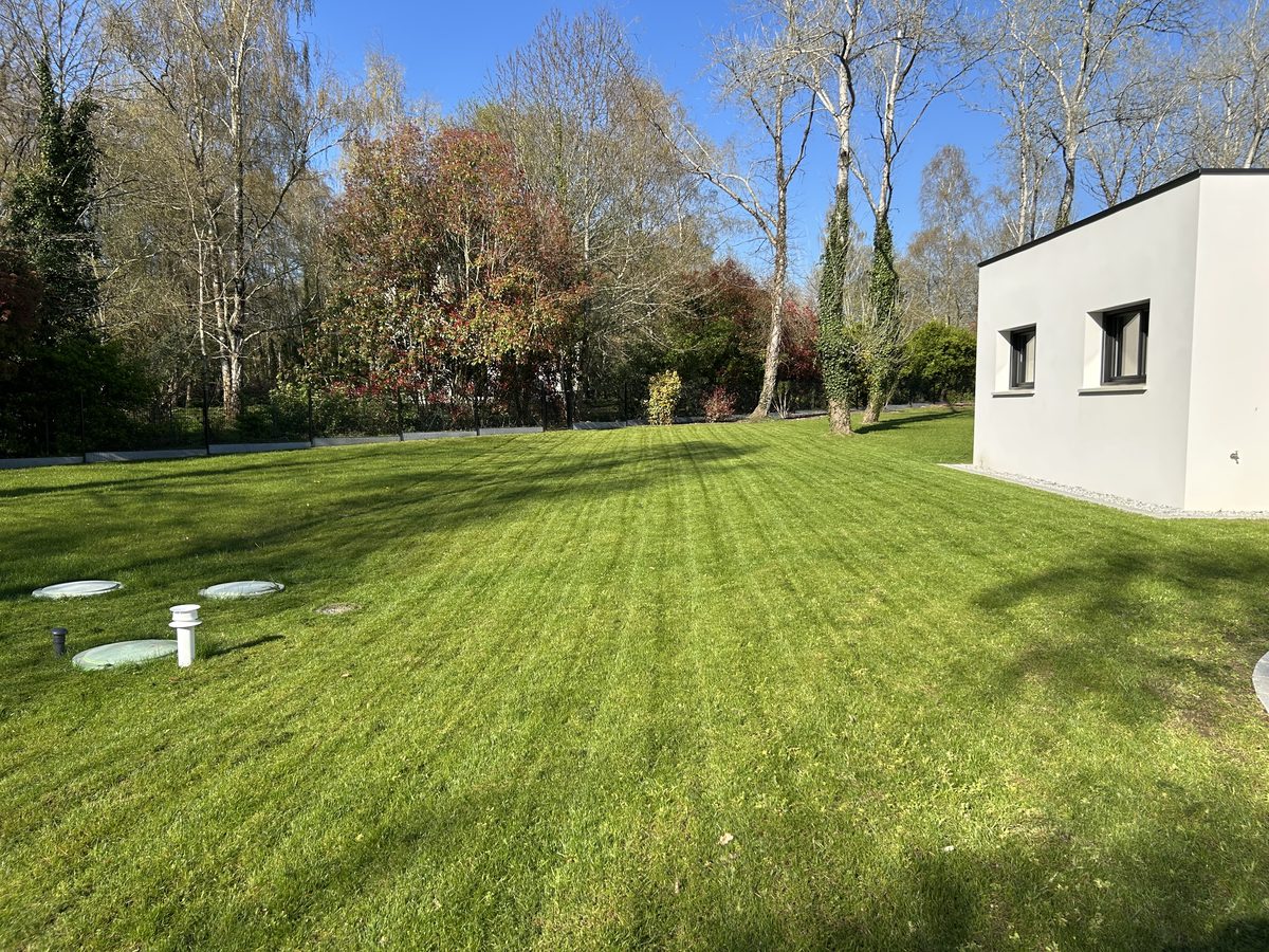 Pelouse impeccable devant maison contemporaine